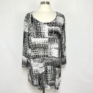 JM Collection 3X Top Tunic Black Metallic Gold White Geometric Print Stretch
